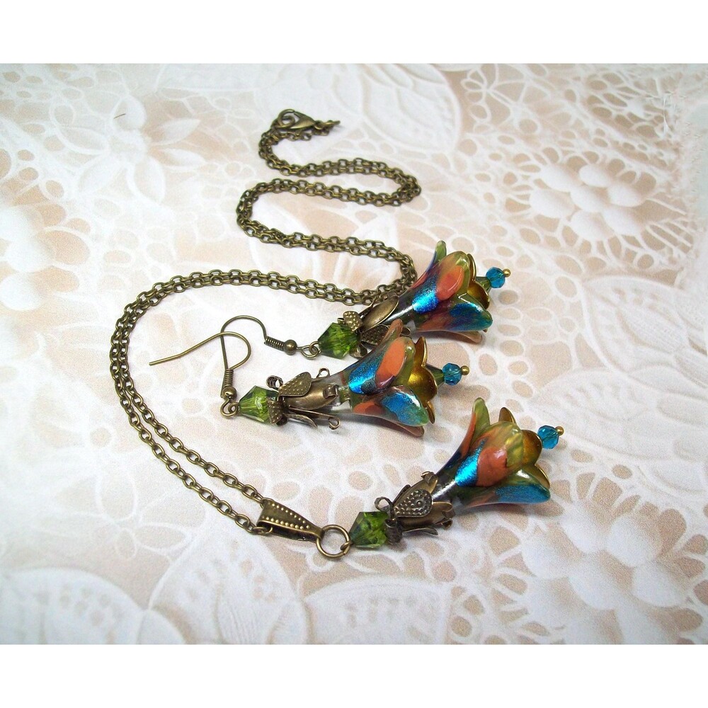 Hand Painted Floral Jewelry Set, Boho Cottagecore, Antique Bronze, Artisan Craft